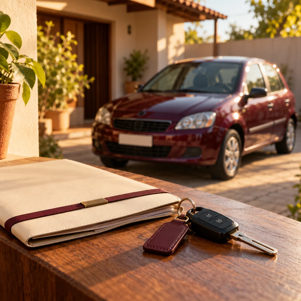 Imagem ilustrativa de um automóvel, chaves e documentos